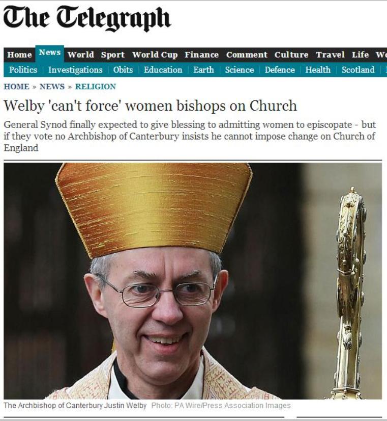 英國國教會今天表決，容許首次由女性擔任主教。圖片來源：翻攝自英國《電訊報》。   