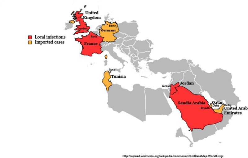 MERS感染國家地圖。紅色為本地傳染，橘色為境外移入感染。圖片來源：維基共享資源CC授權。   
