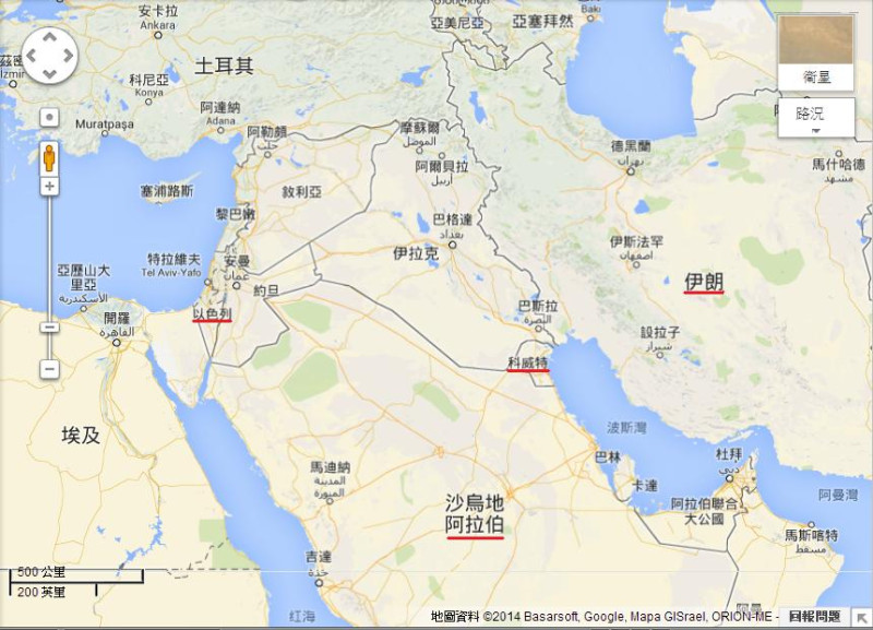 以色列外長表示，正在與和以國無邦交的沙烏地阿拉伯及科威特，進行討論建交的秘密對談。圖為以色列、沙烏地阿拉伯、科威特、伊朗等國的相關位置。圖片來源：Google Map，新頭殼後製。   