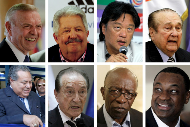 圖為8名國際足總高層，當中的7名遭到逮捕，包括右下角的FIFA副主席韋柏(Jeffrey Webb)，以及中國血統的愛德華多‧李。圖片來源：達志影像/路透社   