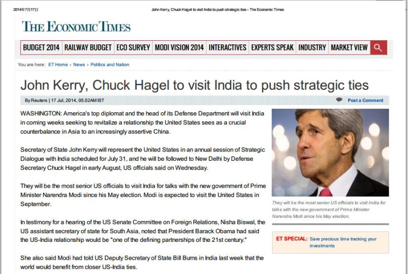 美國國務卿凱瑞(John Kerry)及國防部長黑格(Chuck Hagel)月底將前往印度訪問，強化兩國之間的戰略關係。圖片來源：翻攝自印度媒體《經濟時報》(The Economic Times)。   