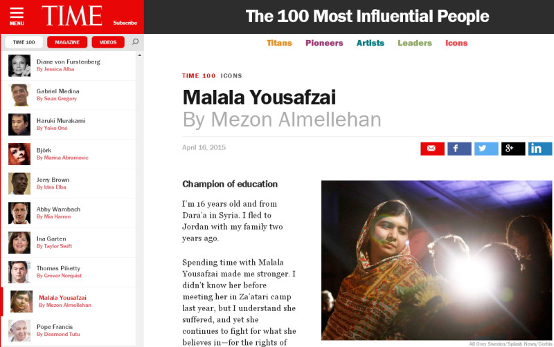 2014年諾貝爾和平獎共同得獎人之一、巴基斯坦婦女與兒童維權少女馬拉拉也入選《時代》百大影響力人物。圖：翻攝自《時代》網站   