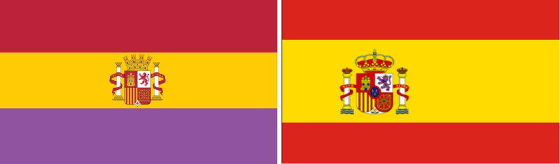圖片說明：圖左為西班牙第二共和國紅、金、紫三色旗，使用時期從1931～1936年(部分地區用至1939年)；圖右為現在的西班牙國旗。圖片來源：維基百科。   