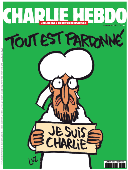 《查理周刊》14日將如期出刊，封面是伊斯蘭教的先知穆罕默德，他手裡拿著標語：「我是查理」。在圖上，寫著：「全都原諒了」！。圖片來源：翻攝自法國《世界報》。   