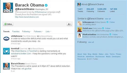 美國總統歐巴馬6日在白宮召開「Twitter全員大會」，使用Twitter和美國民眾交流。圖片：翻攝自網路。   