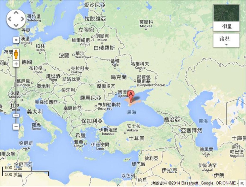 聯合國首度派往烏克蘭克里米亞地區的特使塞里(Robert Serry)，在抵達該地的第2天就遭到不明武裝人士的威脅。圖A所在為烏克蘭克里米亞地區。圖片來源：Google Map。   
