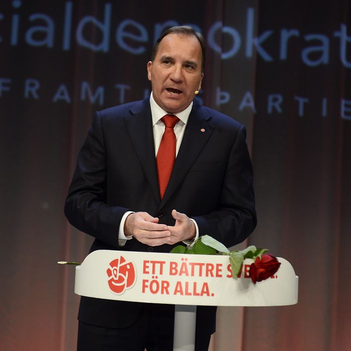 在瑞典國會大選勝出的「紅綠聯盟」領導人、社會民主黨黨魁勒夫文（Stefan Loefven）表示，他們將會組成聯合政府，但會排除極右黨勢力。圖片來源：達志影像/路透社   
