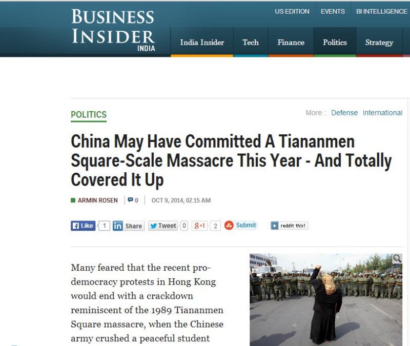 《印度商業內幕》(Business Insider India)於台灣時間今(9)日的報導指出，天安門事件早已在今年夏天於莎車重演。圖片來源：《印度商業內幕》。   