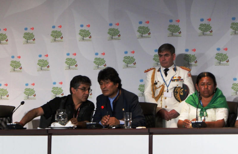 玻利維亞總統Evo Morales今(10)日在聯合國氣候變化綱要公約會議中指出，解決環境問題的唯一方法為「消滅資本主義」。圖片：潘紀揚攝。   