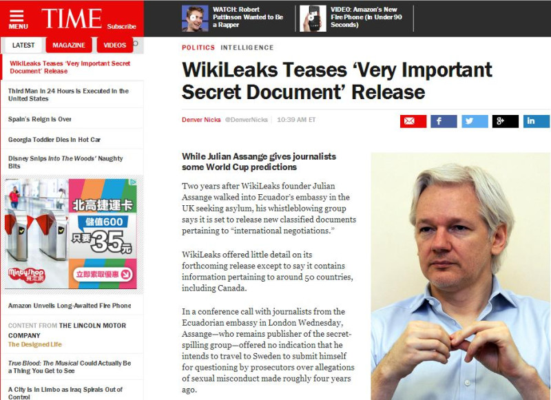 維基揭密(WikiLeaks)創辦人兼總編輯亞桑傑(Julian Assange)今(19)日將釋出攸關50個國家的大批情報。圖片來源：翻攝自《時代雜誌》官網。   