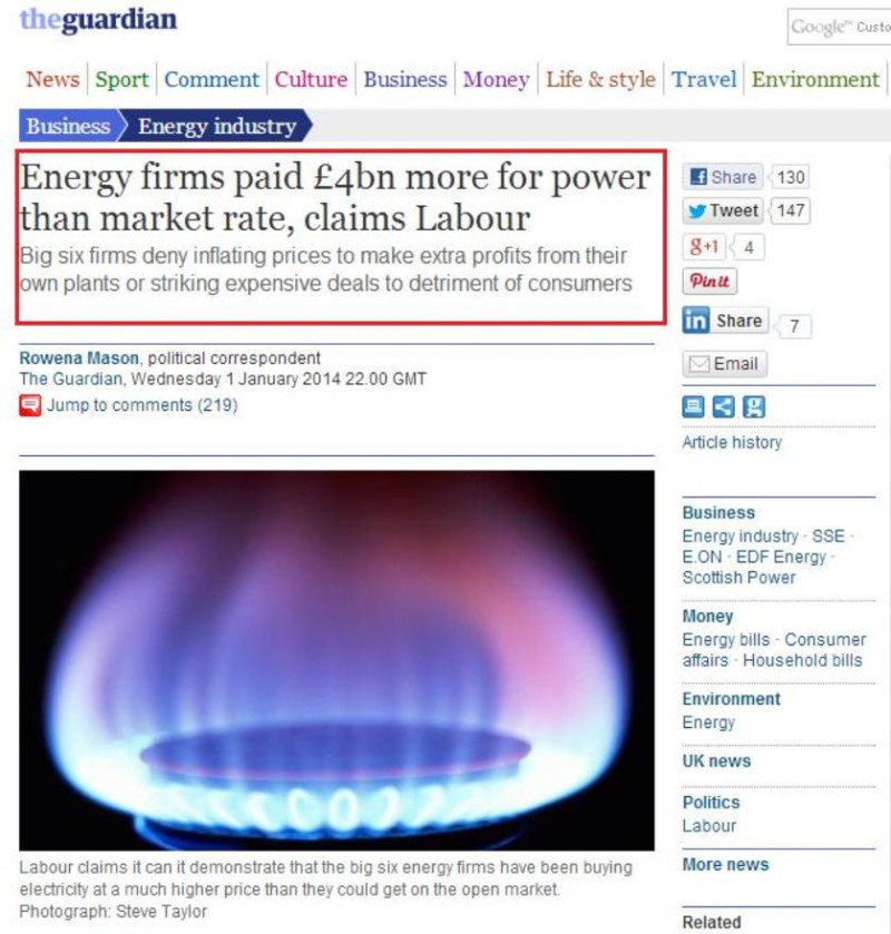 根據英國《衛報》1日報導，英國在野黨工黨指稱，英國每個家庭過去3年可能已經超額支付電價150英鎊，因為電力公司以高出平均市價的價格向電廠購電，額外多付了40億英鎊。圖片來源：翻攝自衛報官網。   