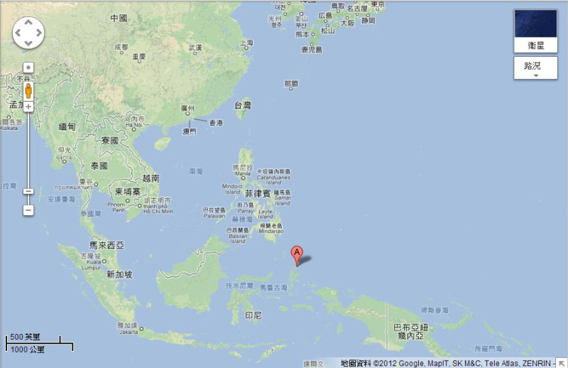 圖片中標示A處為摩若台島。摩若台島位於印尼東北方北摩鹿加省（North Maluku），距台灣約2,600公里，面積約為臺灣1/5。圖片來源：Google Map   