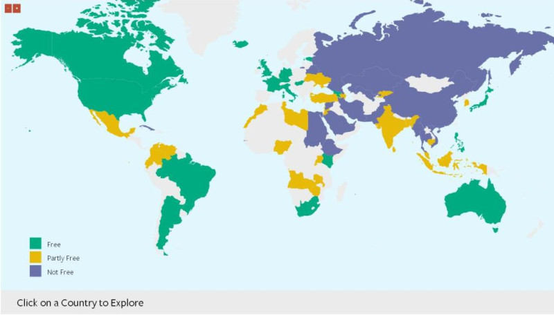 2015年全球網路自由程度。圖：翻攝自自由之家官方網站   