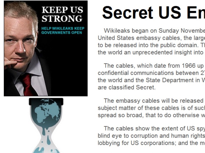 亞桑傑(Julian Assange)將取得的美國國務院與外館往來機密電報放到網站上。圖片：翻拍自維基揭密網站   