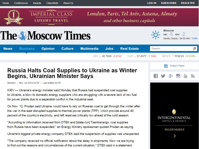 根據《莫斯科時報》24日報導和路透社25日報導，烏克蘭能源部長普洛丹(Yuri Prodan)週一表示，俄羅斯暫停供應煤炭給俄羅斯，對於國內能源供應是重大打擊。圖片來源：《莫斯科時報》官方網站。   