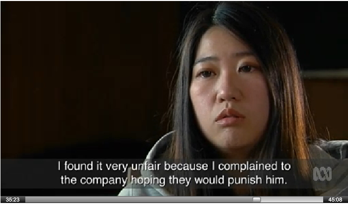 來自台灣的女性勞工，哭訴遭雇主性騷擾，求助仲介公司竟遭到開除。圖：翻攝自《Four Corners》調查報導影片   