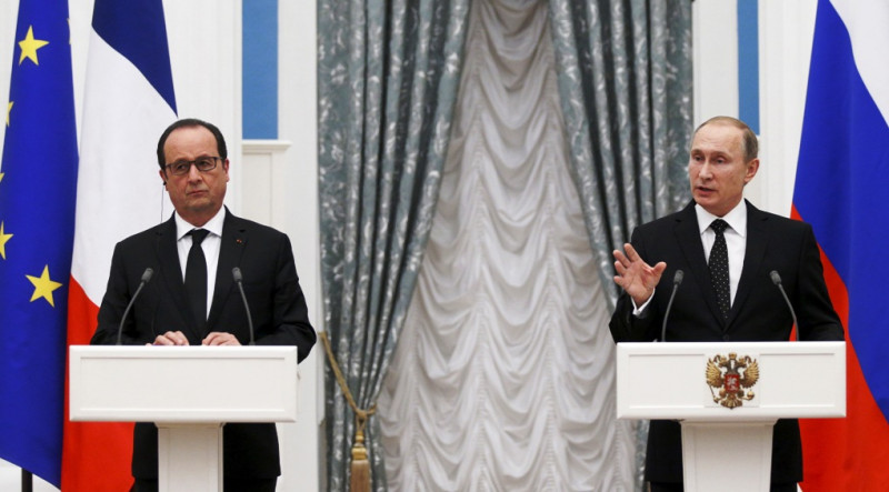 法國總統歐蘭德與俄國總統普亭表示，雙方同意對打擊IS交換訊息。圖片來源：達志影像/路透社。   