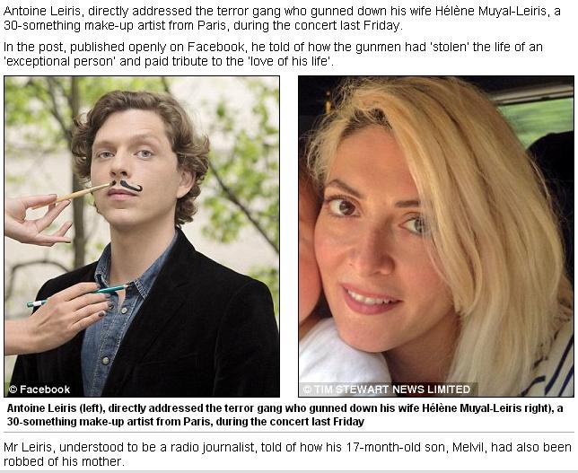 法國記者萊里斯（左圖）與愛妻因為巴黎攻怖攻擊行動而天人永隔。圖：翻攝Mail Online   