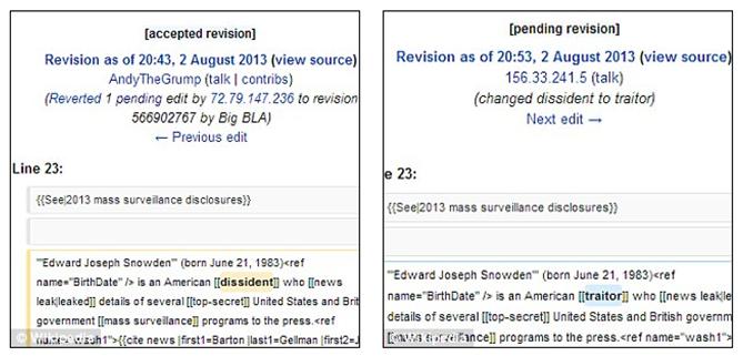 史諾登在維基百科(Wikipedia)的資料於2日，從一名「持不同意見者」被修改為「叛徒」，修改者IP正來自美國參議院。圖片來源:翻攝維基百科網頁   