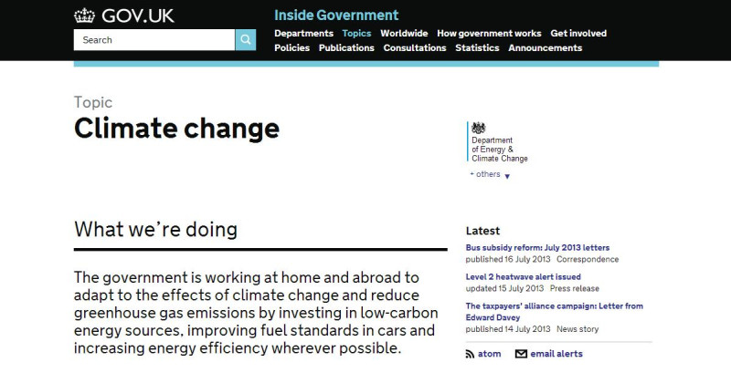 英國國會議員擔心高溫可能造成員工意外與死亡，建議溫度達30度時，應放高溫假。圖為英國政府關於氣候變遷的相關政策網頁。圖片來源：英國政府官方網頁。   