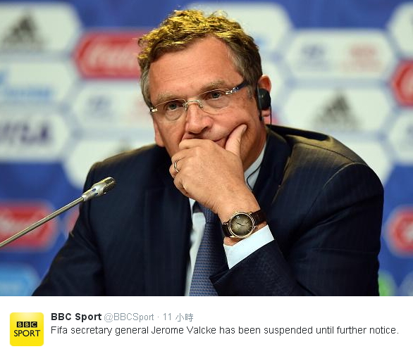 FIFA發出聲明表示，已解除秘書長瓦爾克（Jerome Valcke）的職務，紀律委員會也將對他展開調查。圖：翻攝自BBC Sport推特   