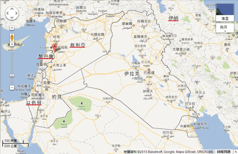 敘利亞周邊鄰國地圖。A所在地即為敘利亞重要戰略據點古賽爾鎮(Qusair)。圖片來源：Google Map。   