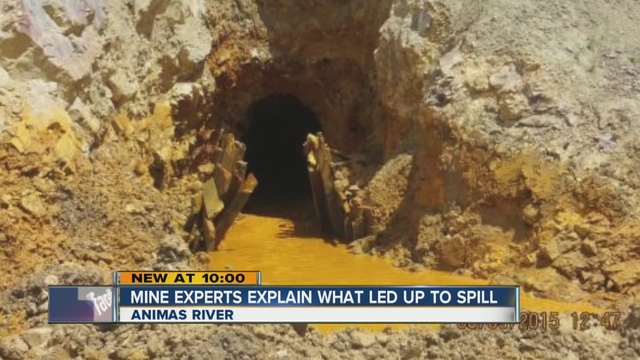 美國科羅拉多州的廢棄礦坑Gold King Mine因為環保施工單位操作不當，意外打通一條廢棄河道，頓時數百萬加侖的黃色污水狂泄外流。圖：翻攝abc 7News   
