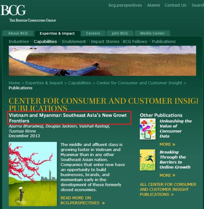 根據波士頓諮詢公司(the Boston Consulting Group)最新公佈的調查結果，越南與緬甸的中產階級人數到2020年將增加到現在的2倍。圖片來源：波士頓諮詢公司官方網站。   