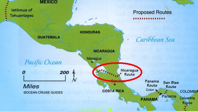 尼加拉瓜運河路線圖，若能完工料將大幅威脅巴拿馬運河地位。圖片來源：翻攝網路。   