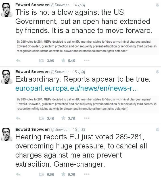 歐洲議會周四投票決議提供史諾登庇護，史諾登在推特上表達興奮之情。圖：翻攝自史諾登推特   