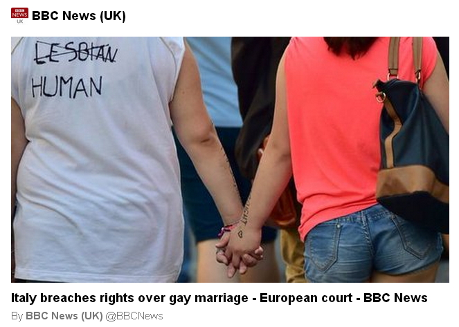 歐洲法院裁決指出，義大利政府沒有透過立法，協助同性伴侶維持穩定關係，已侵犯人權。圖：翻攝自BBC推特   