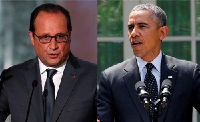 美國總統歐巴馬24日將在白宮與法國總統歐蘭德會晤，就合作打擊伊斯蘭國（IS）行動交換意見。圖：美聯社/路透社合成   