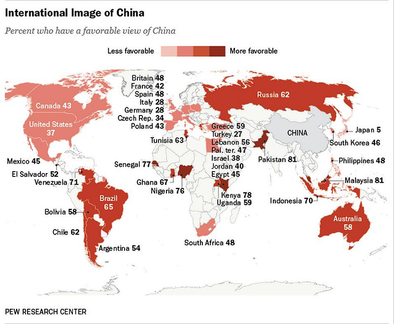 中國好感全球印象示意圖。圖片2-2來源：皮尤研究中心。&nbsp;&nbsp;&nbsp;
