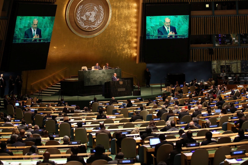 以色列總理納坦雅胡1日在聯合國大會上發表演說。圖：翻攝自納坦雅胡臉書   