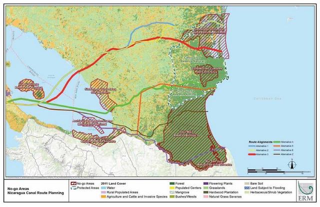 圖為尼加拉瓜大運河最終路線圖。圖：翻攝自英國伊爾姆環境資源管理諮詢有限公司（ERM）   