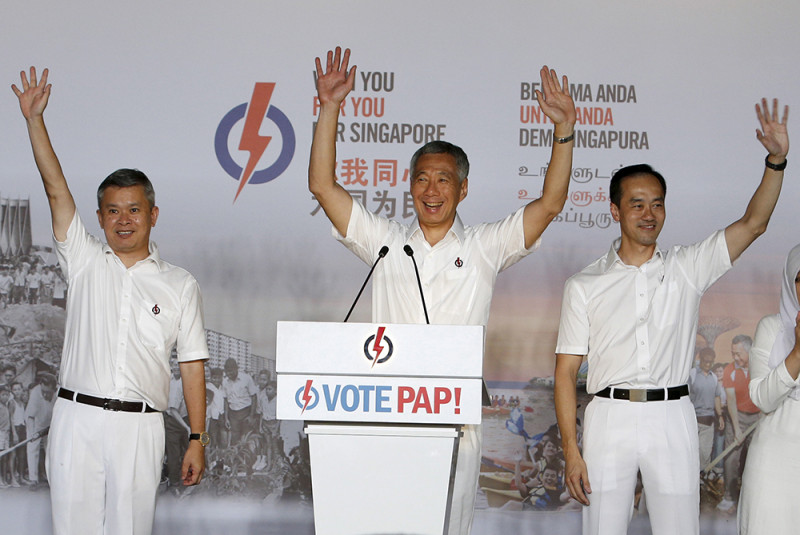 新加坡總理李顯龍帶領的人民行動黨12日在大選中獲得勝利，共得83席。圖片來源：達志影像/路透社   