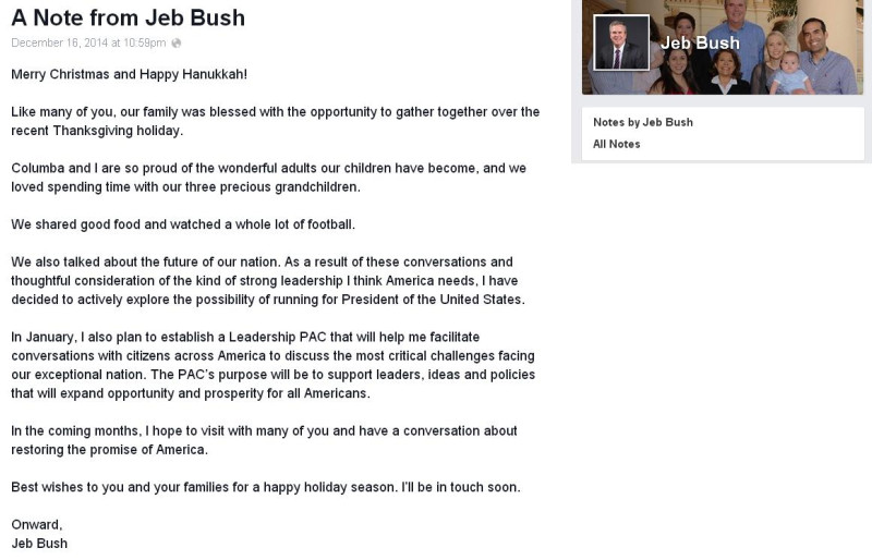 隸屬布希家庭的前佛州州長傑布布希（Jeb Bush）16日在個人臉書專頁上宣布，將會積極考慮參加2016總統大選的可能性。圖：翻攝自臉書   