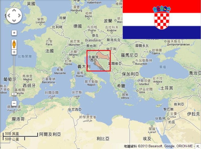 克羅埃西亞1日加入歐盟，成為第28個會員國。圖為克羅埃西亞於全歐位置相對圖，右上方為克羅埃西亞國旗。圖片來源：地圖來自Google Map，國旗取材於維基百科，新頭殼後製完成。   