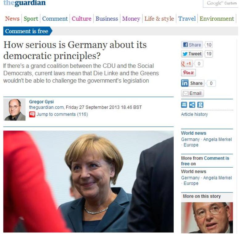 德國左派黨(die Linke)的領袖季希(Gregor Gypsi)27日投書英國《衛報》(The Guardian)加以反對，質疑：〈德國到底對其民主原則有多認真〉。圖片來源：翻攝自衛報官方網站。   