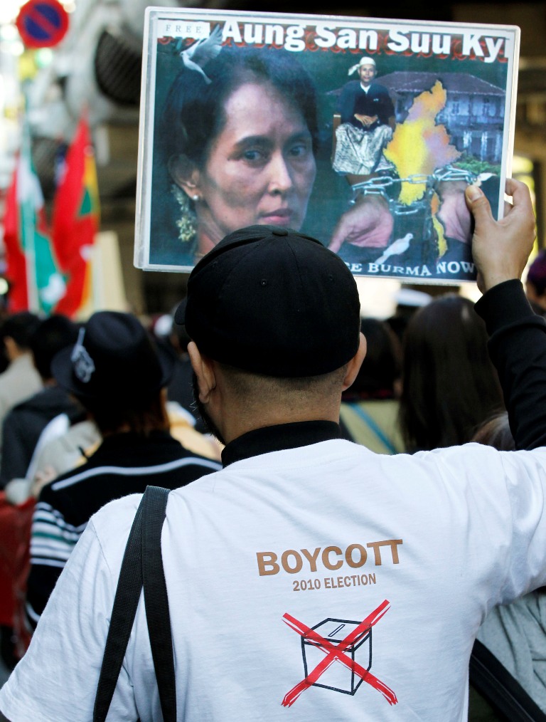近日盛傳緬甸大選後，緬甸政府將釋放遭受長期軟禁的翁山蘇姬。圖片來源：達志影像/美聯社   