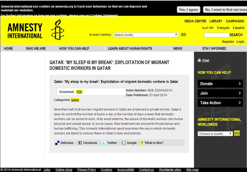 國際人權團體「國際特赦組織」(Amnesty International，AI)23日發表報告，指出阿拉伯半島上的國家卡達對於出身東南亞等地的外籍女性家政勞工殘酷役使。圖片來源：翻攝自國際特赦組織官方網站。   