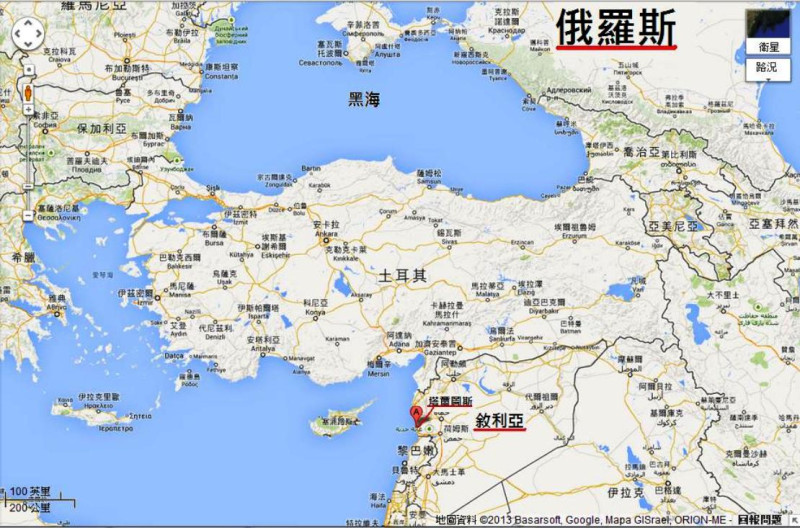 俄羅斯國防部長上週六(8月31日)曾表示，俄國在今年年底將派遣庫茲涅佐夫號航空母艦前往位於敘利亞塔爾圖斯港(Tartus)的俄國海軍的補給中心。圖A標誌處即為敘利亞塔爾圖斯港。圖片來源：Google Map，新頭殼後製。   