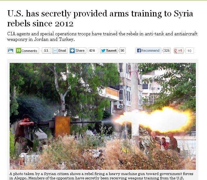 《洛杉磯時報》(the Los Angeles Times)今日稍早報導，CIA和美國特別行動部隊早在2012年11月起，便在約旦和土耳其訓練敘利亞反抗軍操作反坦克和防空武器。圖：翻攝自《洛杉磯時報》網站   