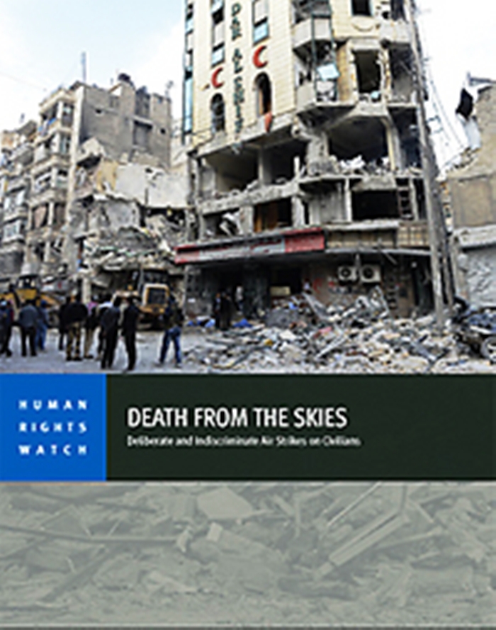 「人權觀察」組織(Human Rights Watch)11日發表《從天而降的死神》(Death From the Skies)報告書，指控敘利亞當局刻意針對平民空襲，犯下戰爭罪。圖為報告書封面。圖片來源：Human Rights Watch。   