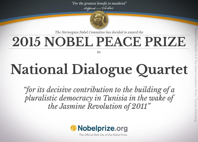 2015年諾貝爾和平獎台灣時間9日傍晚5點公布，得獎的是「突尼西亞全國對話四方」組織（Tunisian National Dialogue Quartet）圖：翻攝自諾貝爾獎twitter   