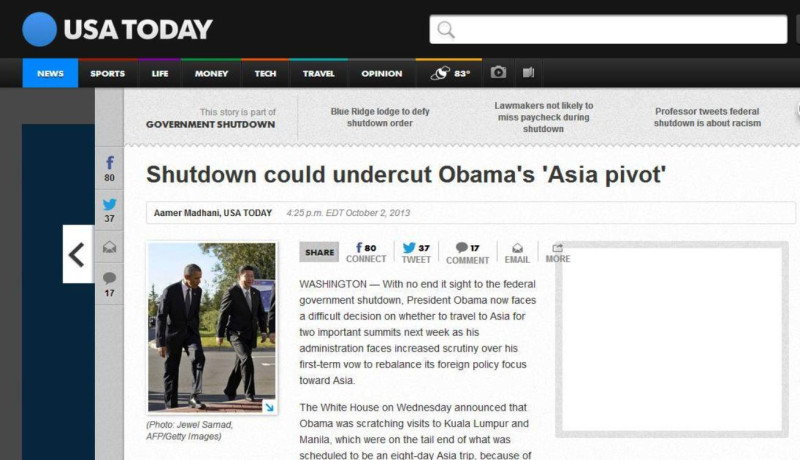 《今日美國》(USA Today)在台灣時間今(3)日清晨刊登1則報導，指美國聯邦政府關門將衝擊到歐巴馬「重返亞洲」(Asia pivot)的承諾。圖片來源：翻攝自《今日美國》官方網站。   