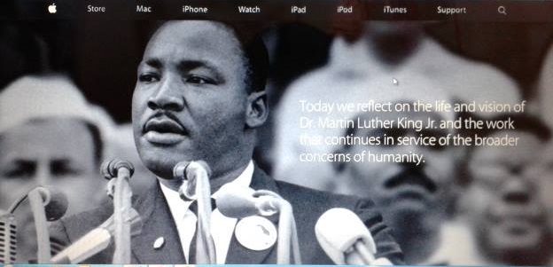 蘋果美國官網首頁張貼金恩博士的黑白照片，緬懷這位追求平等的人權鬥士。圖：翻攝自蘋果官網   