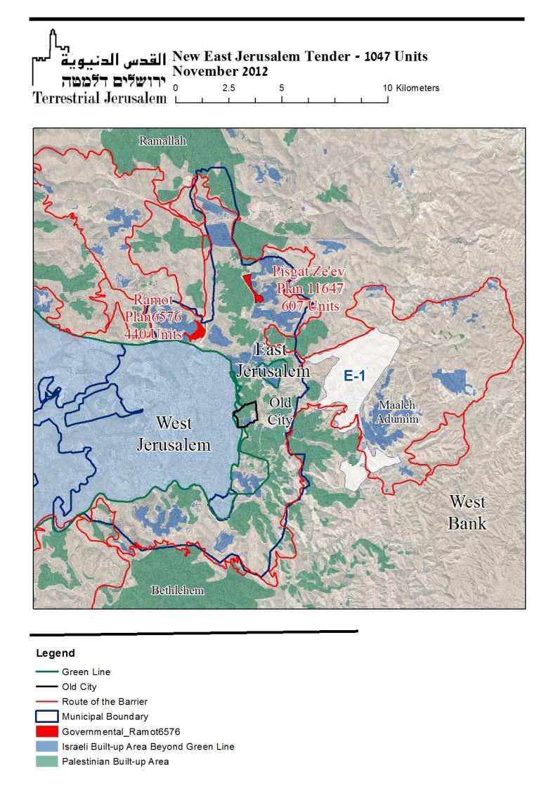 此圖清楚標示，E1地區與綠線。E1地區位於耶路撒冷和第三大猶太人定居點馬阿勒阿杜明(Maale Adumim)之間。綠線，1967年中東戰爭前停火線。圖片來源：以色列安置計畫專家席德曼(Daniel Seidemann)   