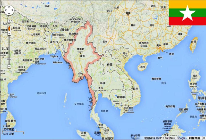 根據緬甸國家計劃與經濟發展部公佈的1份報告，自該國總統吳登盛在2011年4月上台以來，日本與美國已經成為緬甸最大的外援國。圖為緬甸地圖與國旗。圖片來源：Google Map與維基百科，新頭殼後製。   