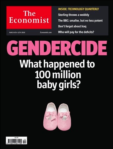 越來越多女性胎兒被選擇中止懷孕。這個現象不只存在向來重男輕女的中國與印度，連歐洲也有越來嚴重的趨勢。人口學家開始將這持續進行中的趨勢命名為「性別滅絕」。圖為2010年3月《經濟學人》封面，斗大的標題揭示「性別滅絕」的危機。圖片來源：翻攝自《經濟學人》封面。   